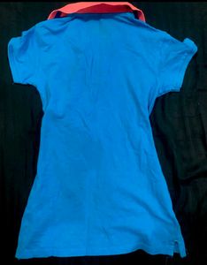 Blue Polo Shirt with Pink Collar