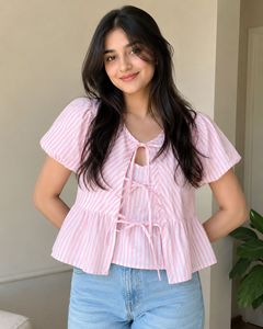 Pink Striped Puff Sleeve Peplum Top✨💃
