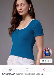 round neck teal blue lase embllised cotton top