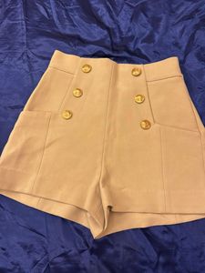 Beige High-Waisted Shorts with Gold Buttons