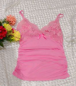Pink Y2K Lace Trim Cami Top
