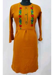 Elegant Woolen Mustard Embroidered Kurti