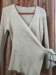 Ribbed Wrap-Style Long Sleeve Top