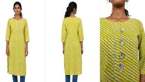 Lime Green Cotton Leheriya Kurti with Gota Patti (