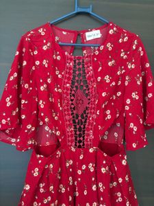 Red Floral Crochet Cut-Out Mini Romper Dress