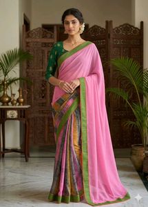 Pink Saree with Green Border