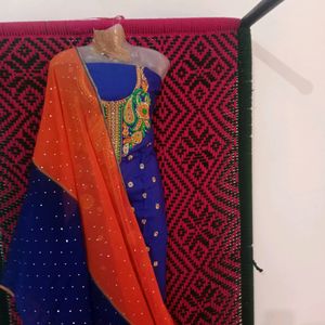 Free Duppta With Unstitched Orange Contrast Blue