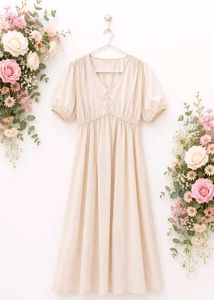 Elegant Cream V-Neck Midi Dress