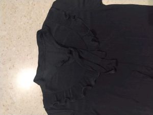 Chic Black Ribbed Ruffle Neck Top