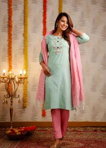 NewElegant MintGreen KurtaSet with PinkDupatta