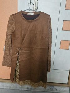 Brown Lace Sleeve Mini Dress