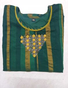 Green &amp; Gold Striped Kurta with Embellishment