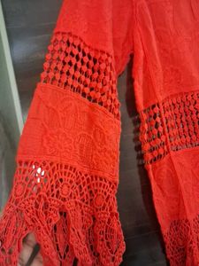 Boho Crochet Trim Red Tunic Top