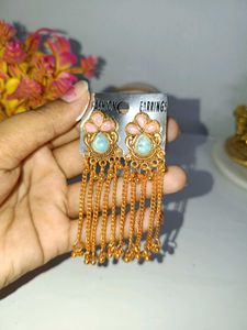Boho Gold Dangle Earrings with Blue & Pink Stones