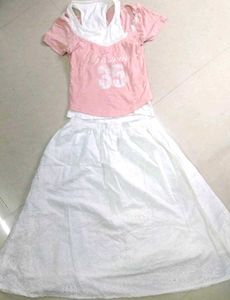 Cute Pink Top & White Skirt Set