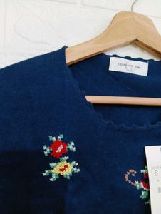 Blue Embroidered Crop Top