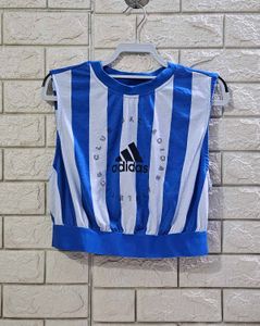 Adidas Blue &amp; White Striped Sleeveless Top