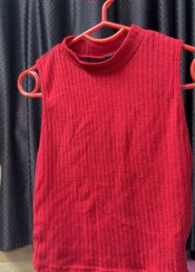Red Ribbed Mock Neck Sleeveless Top