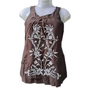 Brown Embroidered Sleeveless Top