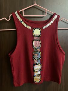 Red Embellished Crop Top