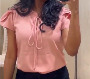 Formal Pink Tie-Neck Flutter Sleeve Top