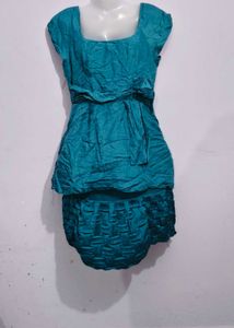 Teal Ruched & Woven Dress