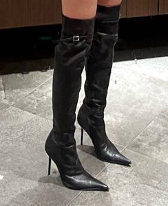 Italian Black Leather Pencil Over-the-Knee Boots
