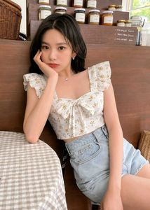 Korean Pinterest Chic Floral Bow Cute Crop Top