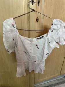 White Embroidered Puff Sleeve Top