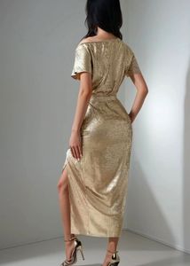 Newme Gold Metallic Asymmetric Neck Midi