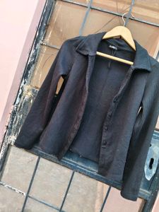Black Ribbed Button-Up Cardigan