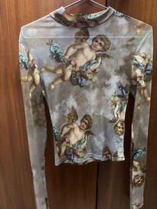 Sheer Cherub Print Mesh Top