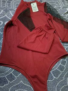 Maroon Lace Sleeve Bodysuit