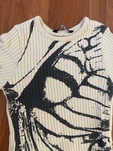 Ribbed Butterfly Print Asymmetrical Top