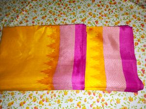 Yellow,Pink Border Crepe Saree ,