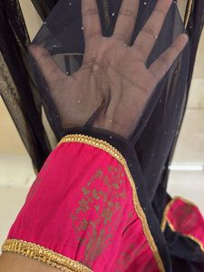 Elegant Navy Blue Net Dupatta with Pink Border