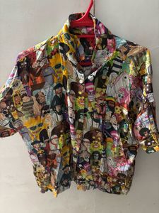 Cartoon Print Button-Up Shirt