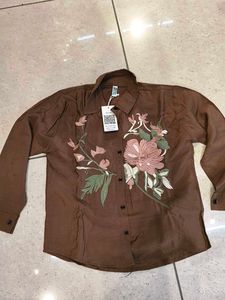 Embroidered Brown Button-Up Shirt