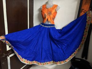 Orange Embroidered Crop Top &amp; Blue Skirt Set