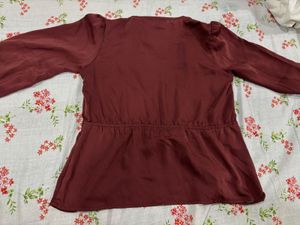 Maroon V-Neck Cinched Waist Top