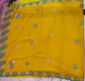 Yellow Embroidered Chiffon Saree with blouse