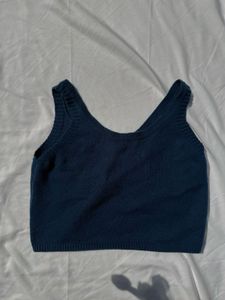 Navy Blue Button-Up Knit Crop Top