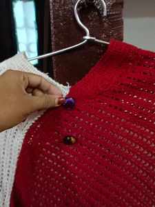 Red &amp; White Knitted Poncho
