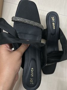 Elegant Black Tie-Up Heels with Rhinestone Straps