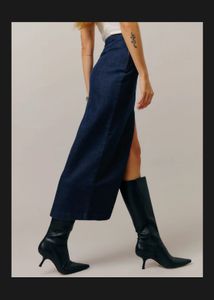 Dark Wash Denim Maxi Skirt with Slit