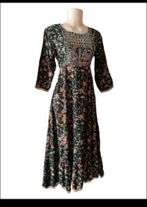 Elegant Floral Printed Anarkali Maxi Dress with Em