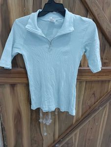 Light Blue Ribbed Quarter-Zip Top