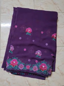 Elegant Purple Saree with Floral Embroidery
