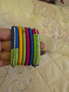 6 Vibrant Silk Thread Bangles with Rhinestones