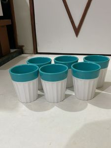 Set of 6 White &amp; Teal Tumblers